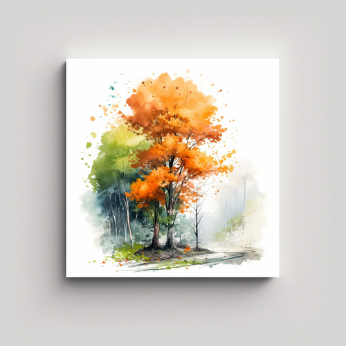 50x50cm Cuadro Árbol Álamo Populus Verde Y Naranja Flores