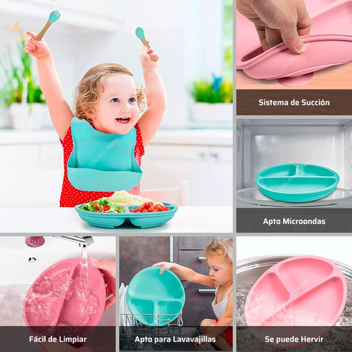 Set Comida Alimento Bebe 4 Piezas Silicona Plato Cubiertos Rosa Nude