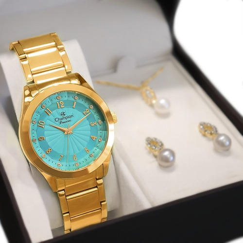 Relógio Champion Feminino Dourado Rosa + Colar E Brincos