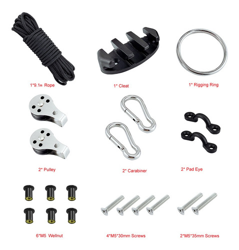 Imagen 11 de 12 de 2x Kayak Canoe Anchor Trolley Kit Cuerdas Grapa Polea Bloque