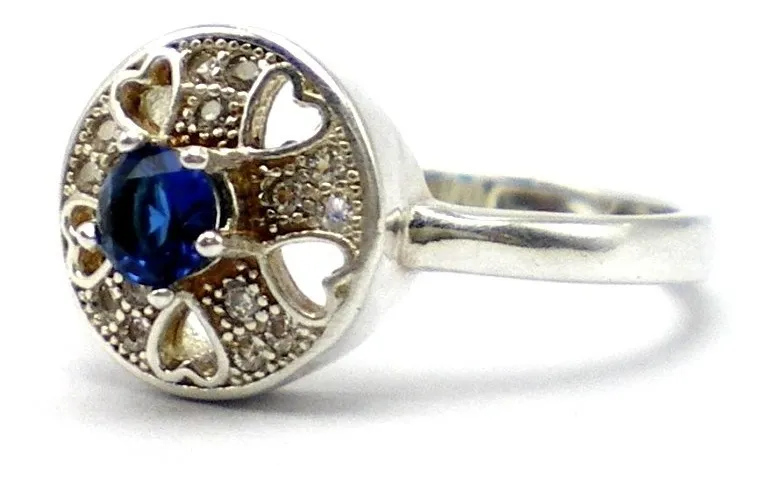 Anillo De Plata 925 Zafiro Azul Y Zafiros Blancos Corazones