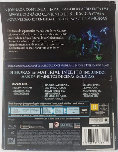 Blu-ray Avatar Edição Estendida De Colecion. 3 Discos Zerado