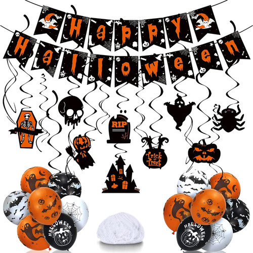 Kit Globos Halloween Araña Naranja Negro Confeti 14+9+1 Piez