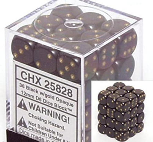 Negro Con Oro Opaque Dice 12 Mm D6 Set De 36