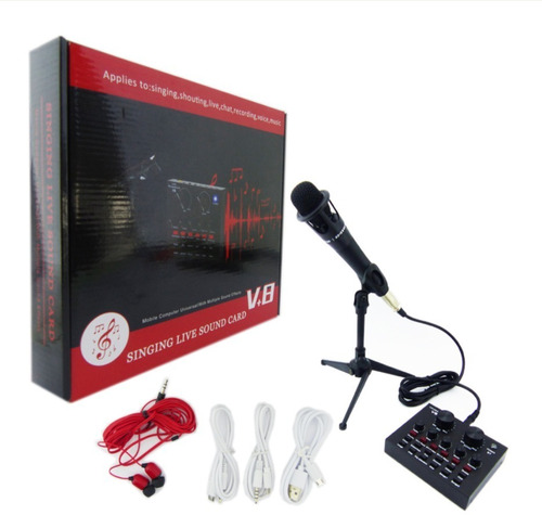 Kit Microfono Condensador Con Tarjeta D Sonido V8+efecto4en1
