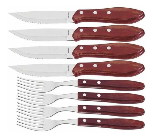 Set De 8 Cuchillos Y Tenedores Cortes De Carne Churrasco Color Marrón