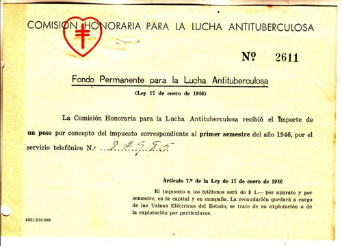 1946 Recibo Impuesto Comision Lucha Antituberculosa Uruguay 