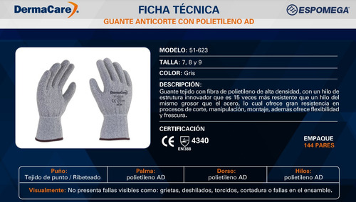 12 Pares Guante Anticorte Nivel 3 Dermacare 51-623 Talla 8