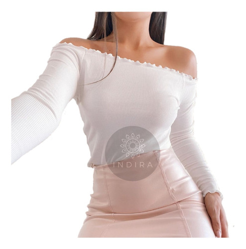 Remera Top Crop Hombro Descubierto Caidos Mujer Manga Larga