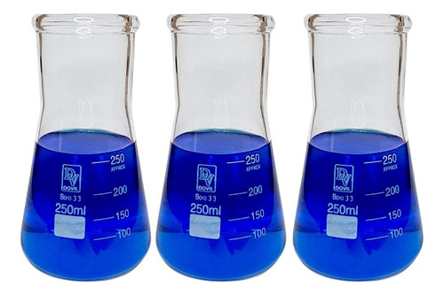 Erlenmeyer De Vidro Boca Larga Graduado 250ml Kit C/ 3 Unid