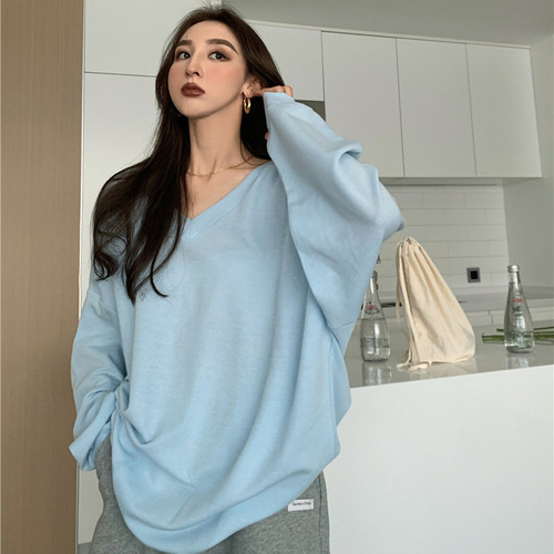 Camiseta Holgada De Manga Larga Con Cuello En V Para Mujer