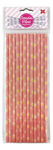 Canudo De Papel Biodegradável Rosa Com Flores