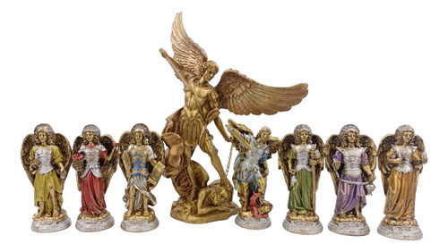 Set Arcángeles San Miguel 35cm Y Siete 7 Arcángeles 15cm Dorado