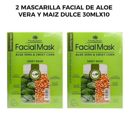 2 Mascarilla Facial De Aloe Vera Y Maiz Dulce 30mlx10 Piezas