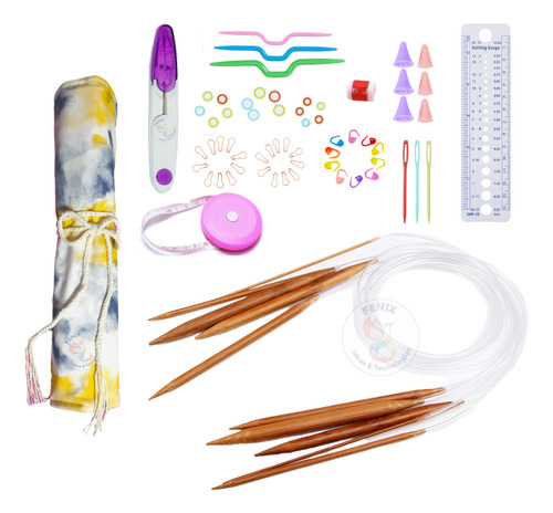 Set Palitos Circulares Bambú + Accesorios 88 Piezas Tejidos