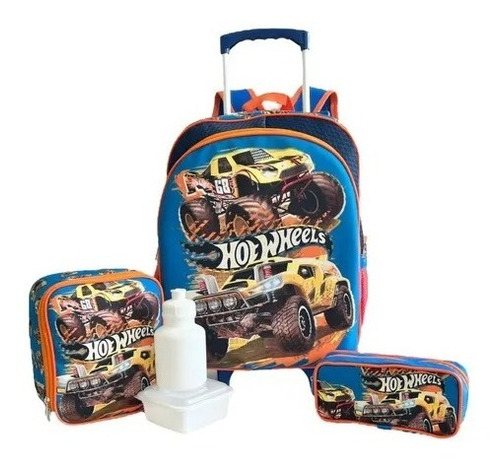 Kit Mochila Infantil Escolar Hot Wheels Rodinhas Tam G F5