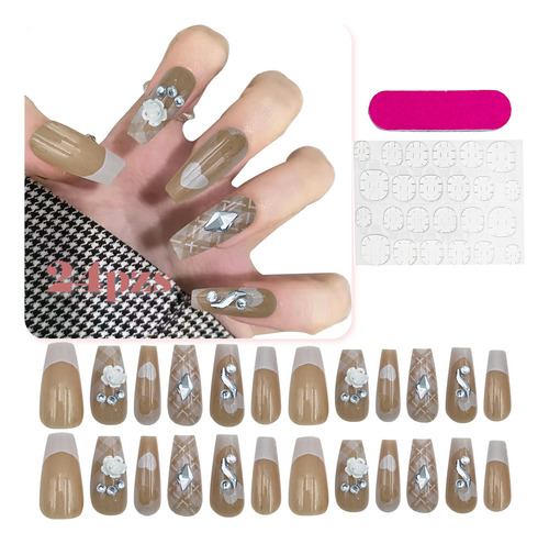 24 Pz Uñas Postizas Press On Francesa Almendra Encaje Colors