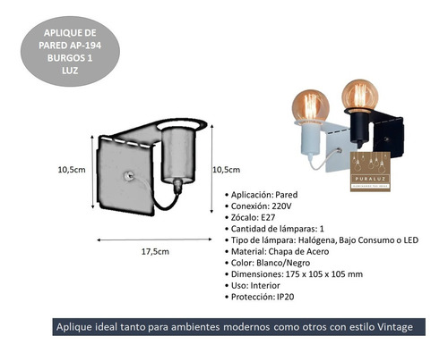 Imagen 3 de 7 de Aplique Pared 1 Luz + Led Filamento E27 Moderno Vintage