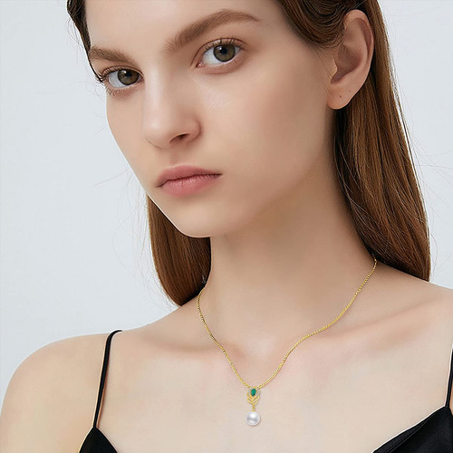 Collar Cadena Oro 14 Quilates Colgante Pavo Real Perla