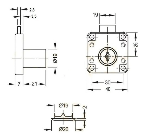 Imagen 4 de 7 de Cerradura Para Mueble Bronzen Base Cuadrada Ø 19mm X 22 Mm