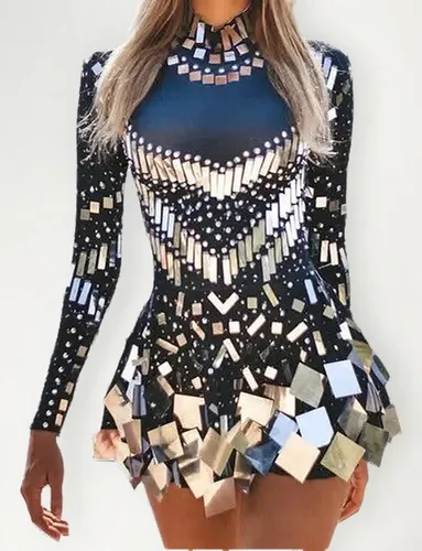 Vestido Fiesta Espejo Mujer, Ropa Elástica Baile Escenario