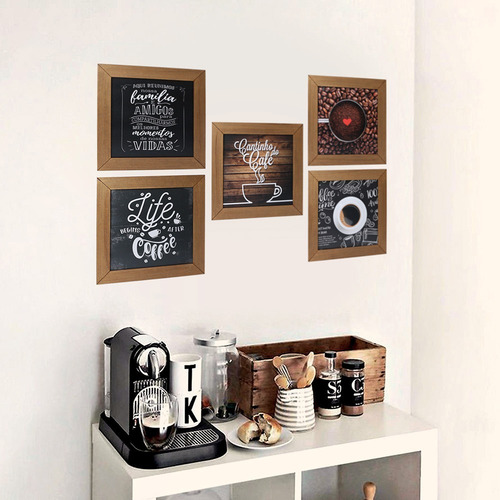 Imagem 2 de 7 de Kit 5 Quadros Decorativos Cantinho Do Café Rústico