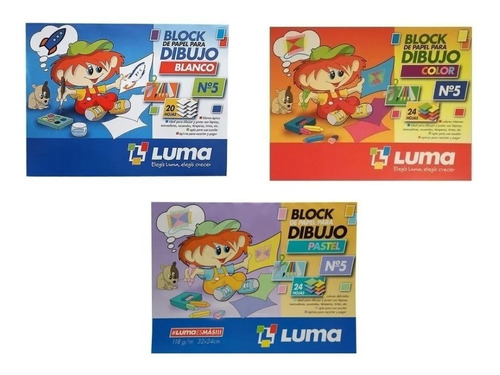 Pack Block Dibujo Luma Escolar N 5 Blanco + Color + Pastel