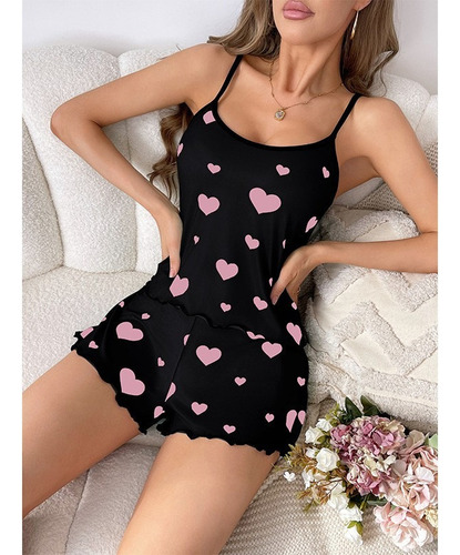 Pijama Moderno Con Tirantes Estampados En Forma De Corazón