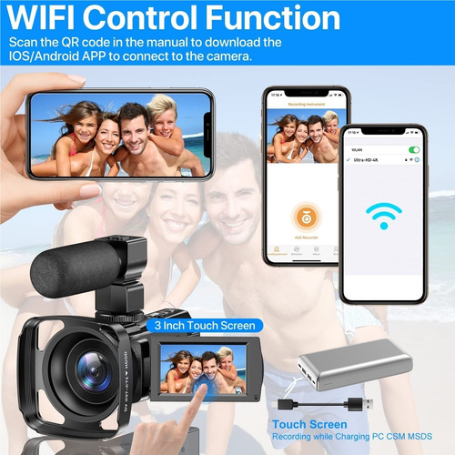 Videocámara 4k Uhd 48mp Wifi Ir Con Luz De Relleno Y Soporte