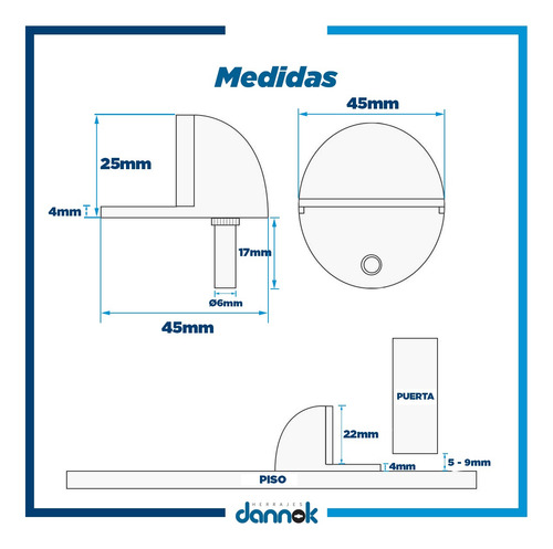Tope Puerta Media Esfera Piso Acero Cromado Con Goma Dannok Plateado Redonda Cromado Brillante
