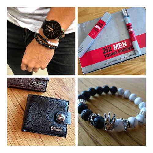 Reloj + Billetera + Perfume + Pulsera. Combo Dia Del Padre. Negro