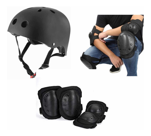 Pack De Rodillera Y Codera + Casco Skate Negro