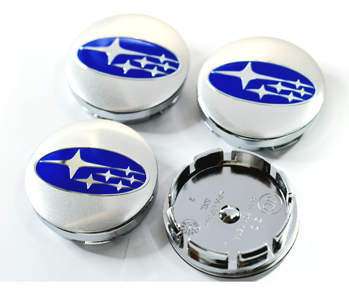 Pack 4 Tapa Subaru Azul Plata En Soporte 56mm Plateado Cubo