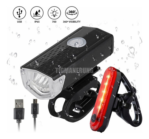 6pz Luz Bicicleta Accesorios Usb Recargable Delantera Trasera Tigmanerung Negro