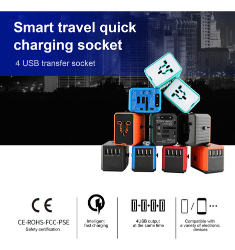 Adaptador De Viagem Universal 100-250v Com 4 Portas Usb Para