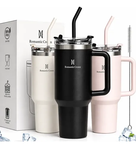 Vaso Térmico 1200ml Antiderrame Manija Sorbete Acero Inox Negro Liso