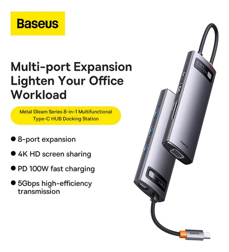 Hub Baseus Tipo-C 8n1 3x USB 3.0 Hdmi 4k30 Hz Sd Tf Vga PD100W