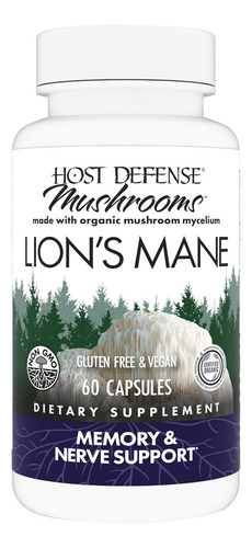 Host Defense Mushrooms Lion's Mane 1g 60 Cápsulas Suplemento Dietético Memoria y Enfoque, Salud Nerviosa y Bienestar General