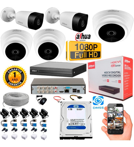 Cctv Kit Dahua Xvr 8ch + 5 Camaras 1080p Full Hd+ Disco 1 Tb