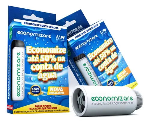 Embalagens do bloqueador de ar Economizare ao lado de uma unidade do produto fora da caixa, exibindo o nome da marca e a promessa de economia de até 50% na conta de água.