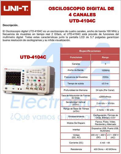 Osciloscopio 100mhz 4 Canales 2gs/s Display 5.7 Utd4104c