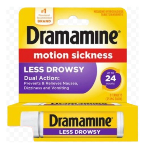 Dramamine alivia os sintomas de tontura e náusea. 8 peças de sabor insípido