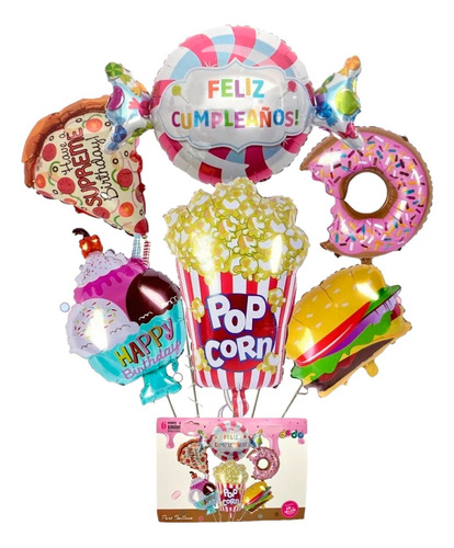 Bouquet Globos Comida Pizza Hamburguesa Dona Helado 6 Piezas