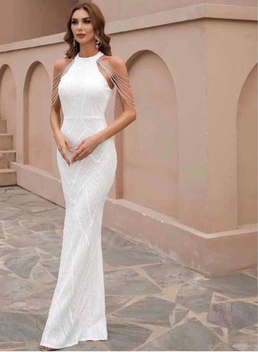 Vestido Blanco Sirena Con Lentejuelas Talla M