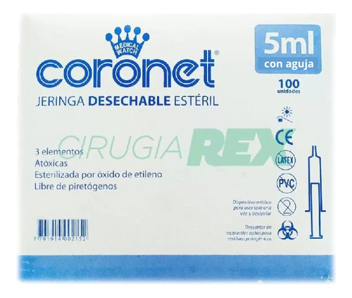 Jeringa Descartable 5ml Con Aguja Liso 25/8 Coronet X 100 Un