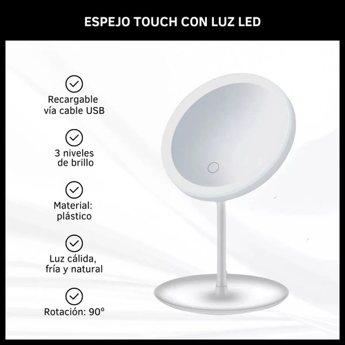 Espejo Para Maquillaje Con Luz Led Táctil Recargable
