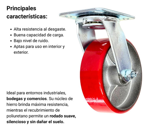 Pack 4 Rueda Hierro/pu Giratoria C/f - S/f 900kg 6 Pulgadas Rojo