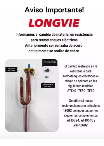 Resistencia Para Termotanque Eléctrico Longvie + Anodo