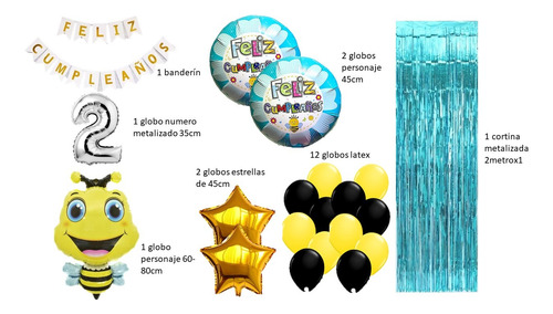 Kit Decoración Abejita Globos+cortina+banderin Celeste Y Amarillo
