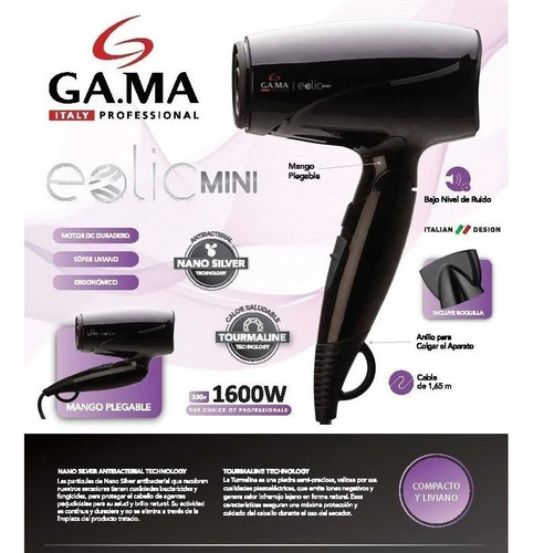 Imagen 3 de 10 de Secador De Pelo Eolic Pocket 1200w Con Boquilla Gama Italy